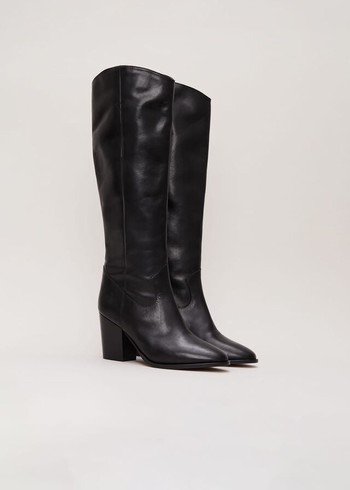 Phase Eight Black Leather Western Knee Boots Black Canada | MOGICK-459